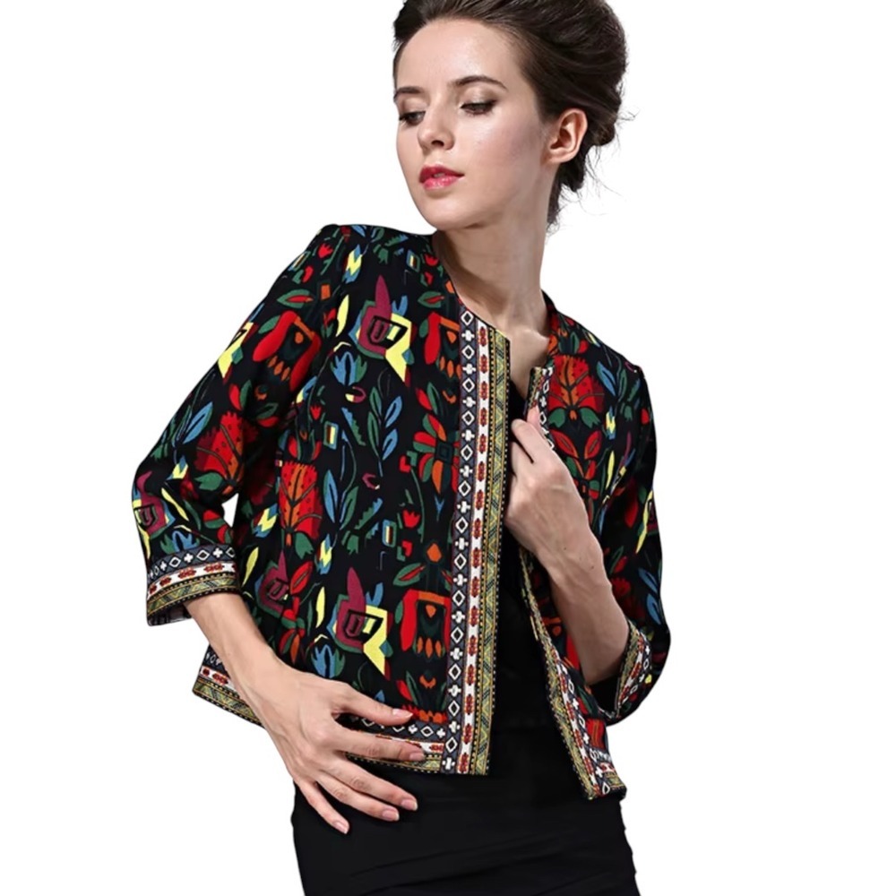 Genolanven‎ Boho Floral Print Jacket Open Front Blazer Colorful Ethnic Size S